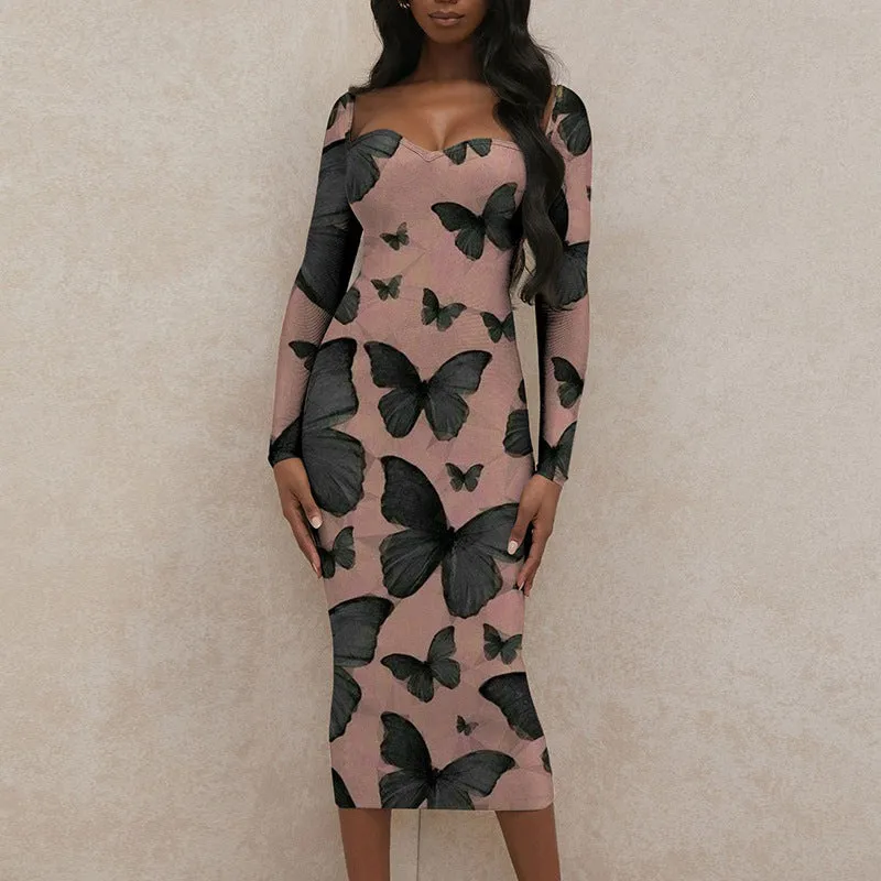 Butterfly Print Sexy Bodycon Backless Square V-Neck Long Sleeve Dress Wholesale Dresses