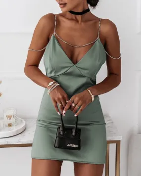 Chain Link V-Neck Satin Bodycon Dress