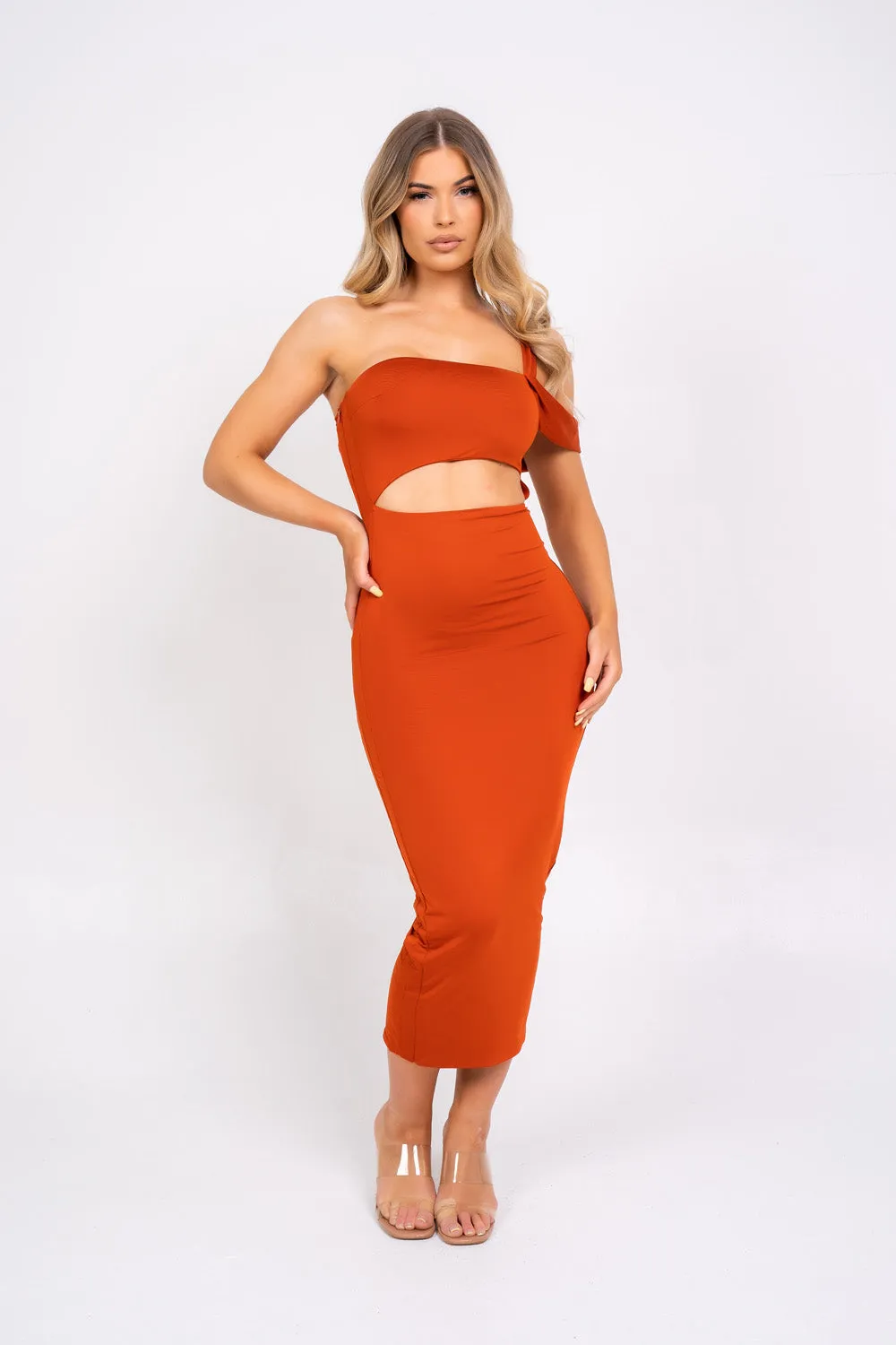 Chantell Orange One Shoulder Cut Out Midi Maxi Bodycon Slinky Sculpt Dress