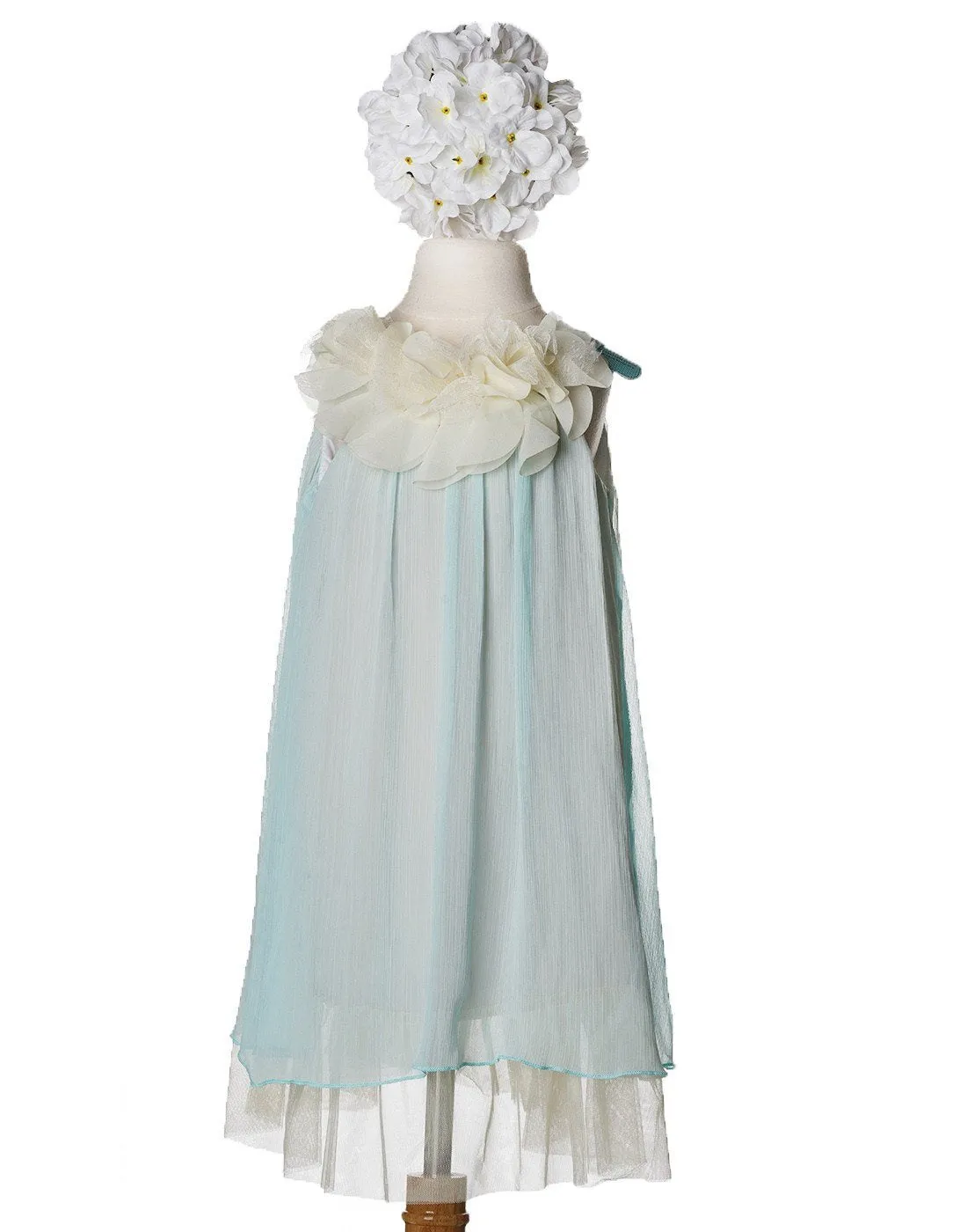 Chic Chiffon Dress With Ivory Flower Neckline - Light Blue