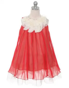 Chic Chiffon Dress With Ivory Flower Neckline - Red