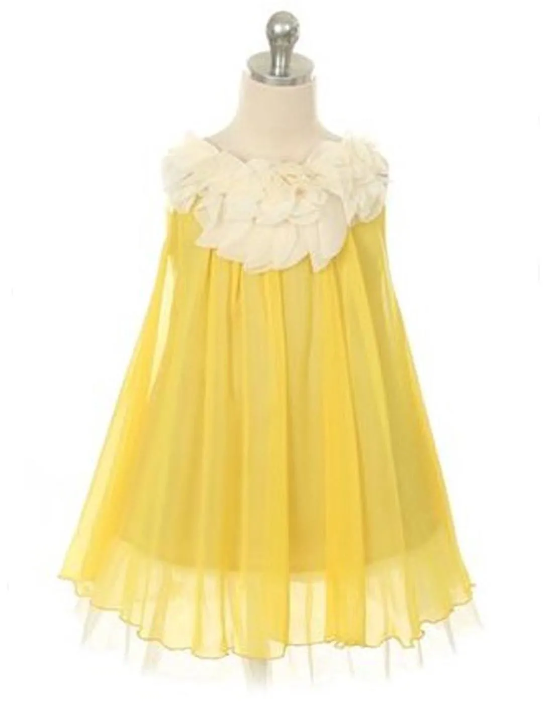 Chic Chiffon Dress With Ivory Flower Neckline - Yellow