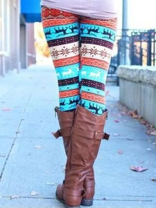 Christmas Blue Elk Tribal Pattern Leggings