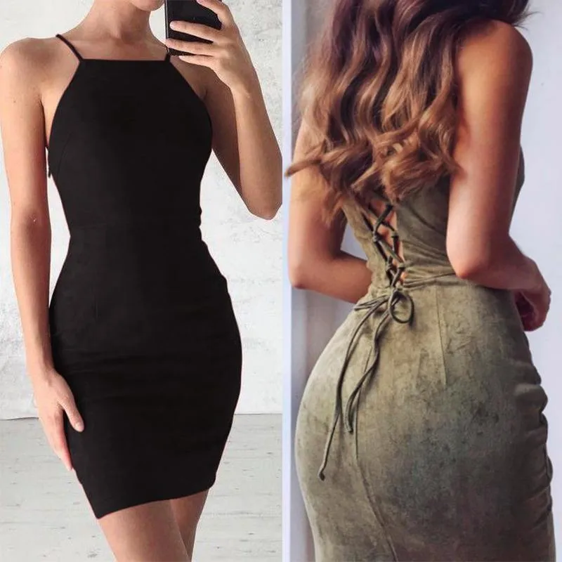 Clearance Bear Shoulder Spaghetti Strap Lace Up Back Short Bodycon Dress