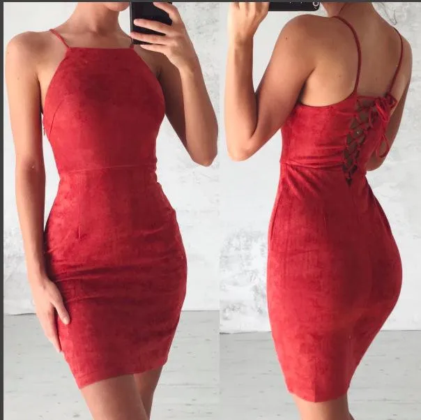 Clearance Bear Shoulder Spaghetti Strap Lace Up Back Short Bodycon Dress