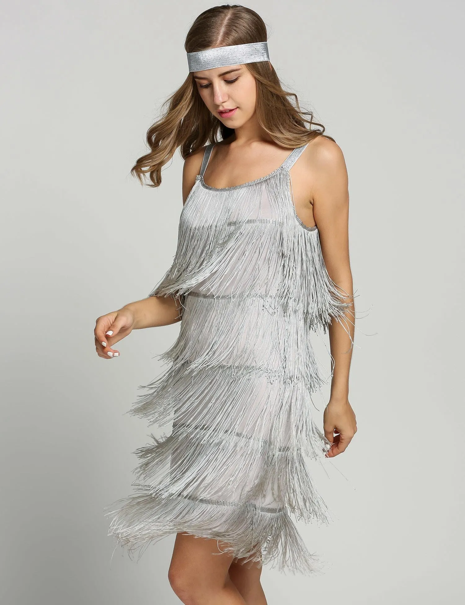 [Clearance] Belted Gray 1920s Fringe Gatsby Dress-US Warehouse