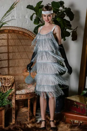 [Clearance] Belted Gray 1920s Fringe Gatsby Dress-US Warehouse