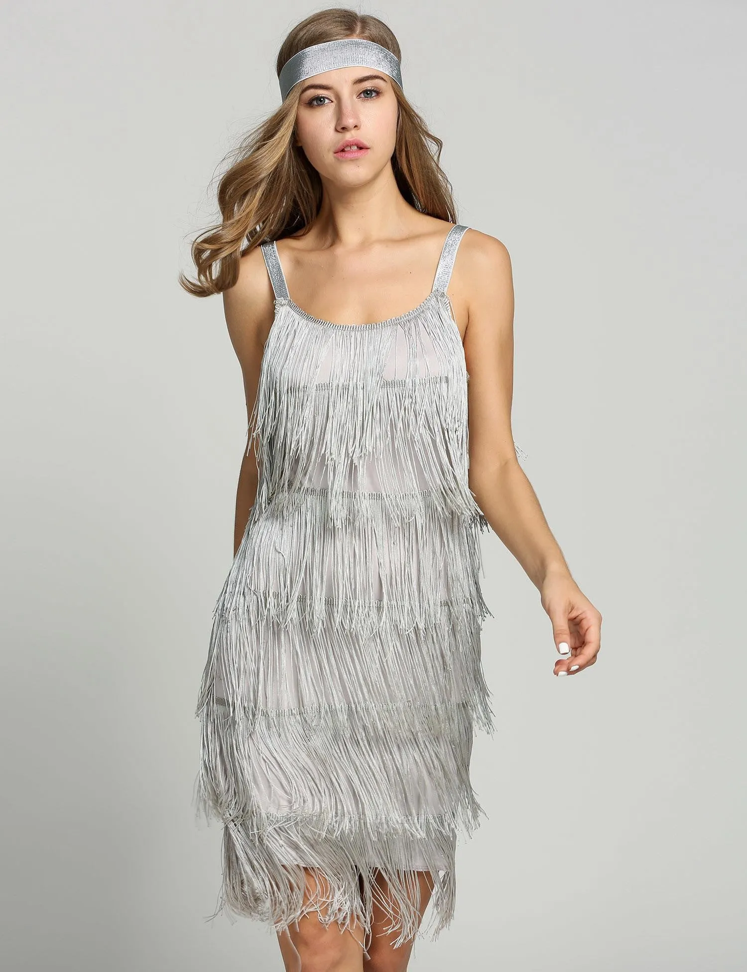 [Clearance] Belted Gray 1920s Fringe Gatsby Dress-US Warehouse