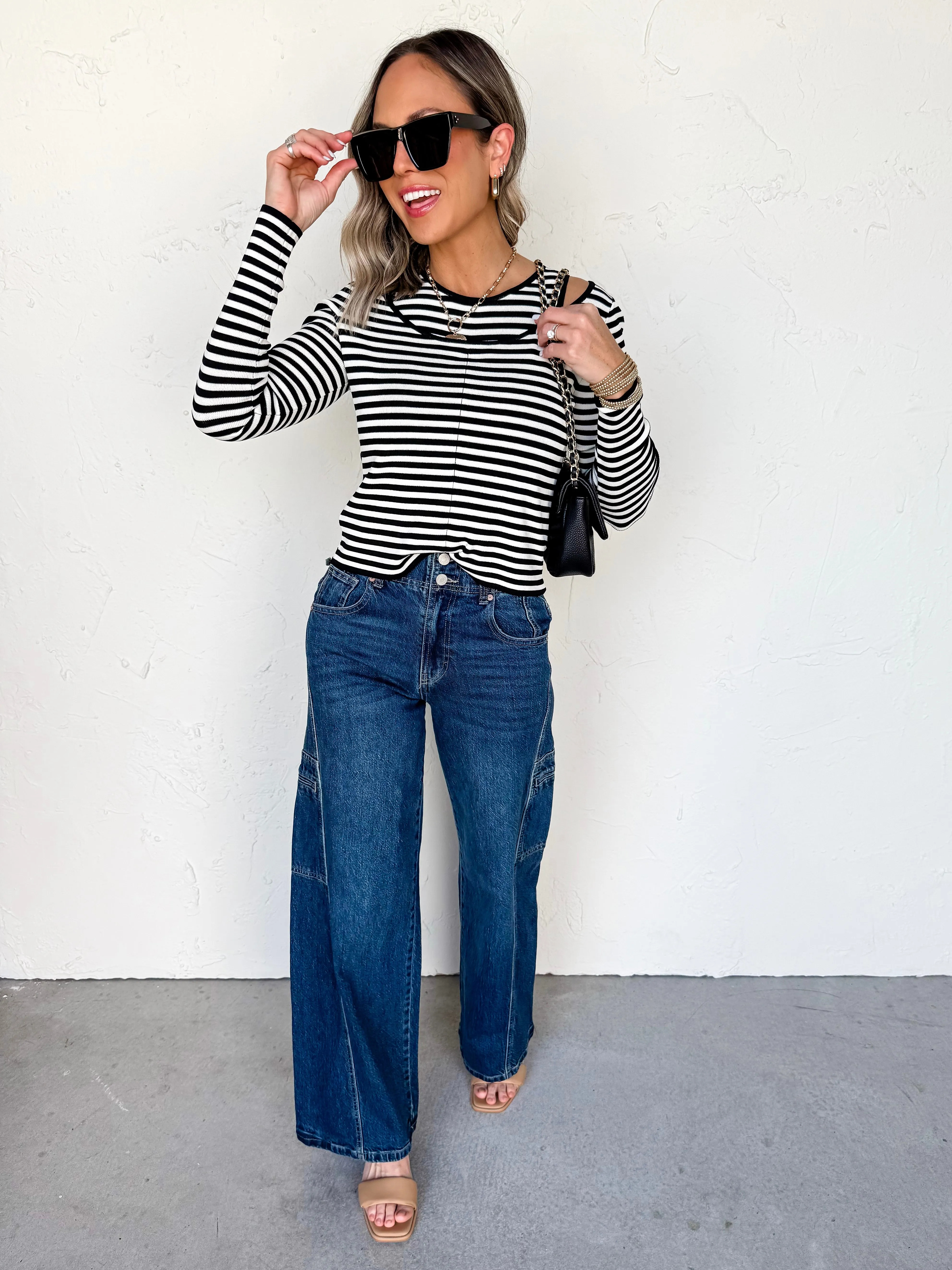 Cold Shoulder Striped Double Layer Top