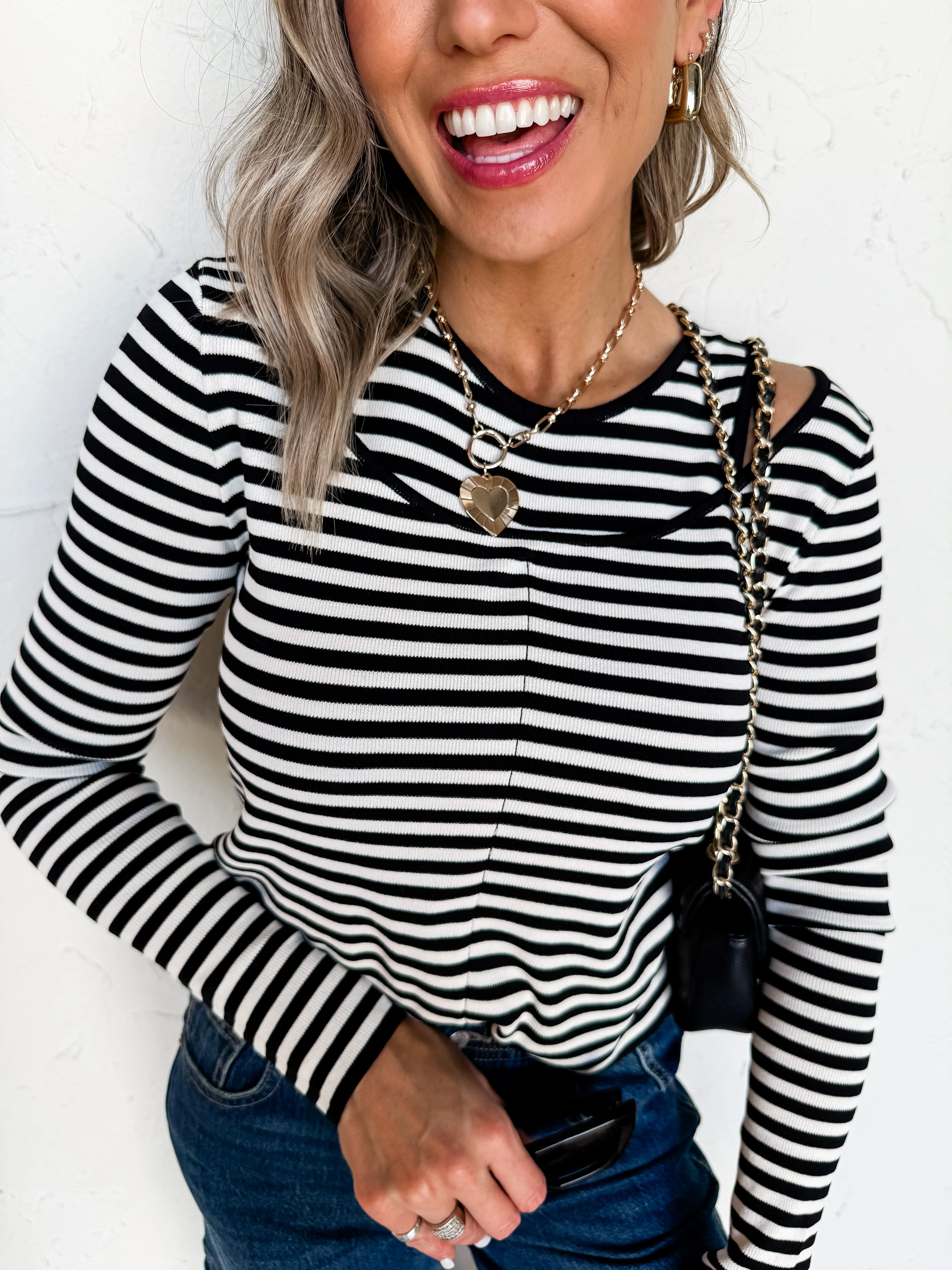 Cold Shoulder Striped Double Layer Top