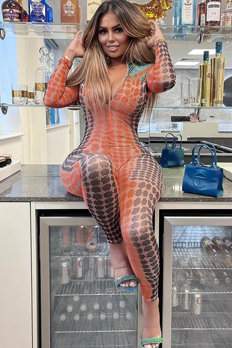 Colorful Snakeskin Print Bodycon Jumpsuit Long Sleeve