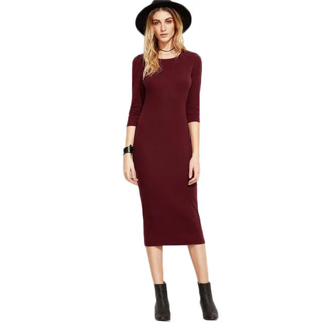 COLROVE Burgundy Bodycon Dress Office Ladies 2017 Womens Dresses  Autumn New Elegant Woman's Dress Women 3/4 Sleeve Pencil Dress