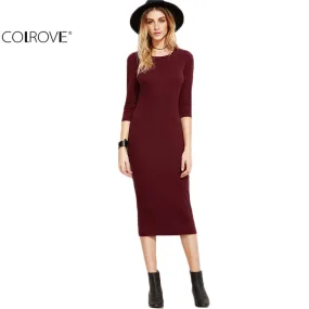 COLROVE Burgundy Bodycon Dress Office Ladies 2017 Womens Dresses  Autumn New Elegant Woman's Dress Women 3/4 Sleeve Pencil Dress