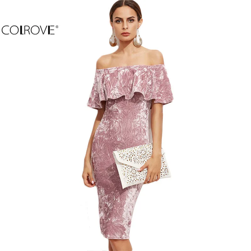 COLROVE Women Pink Off Shoulder Ruffle Velvet Sexy Dresses Party Night Club Dress Winter Dresses Bodycon Sheath Elegant Dress