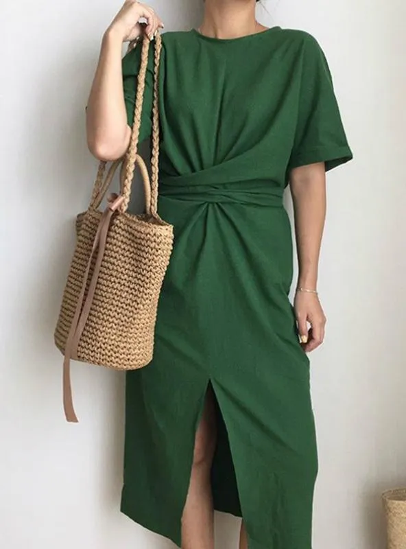 COTTON BODYCON LONG DRESS FEMALE SHORT SLEEVE DRESS