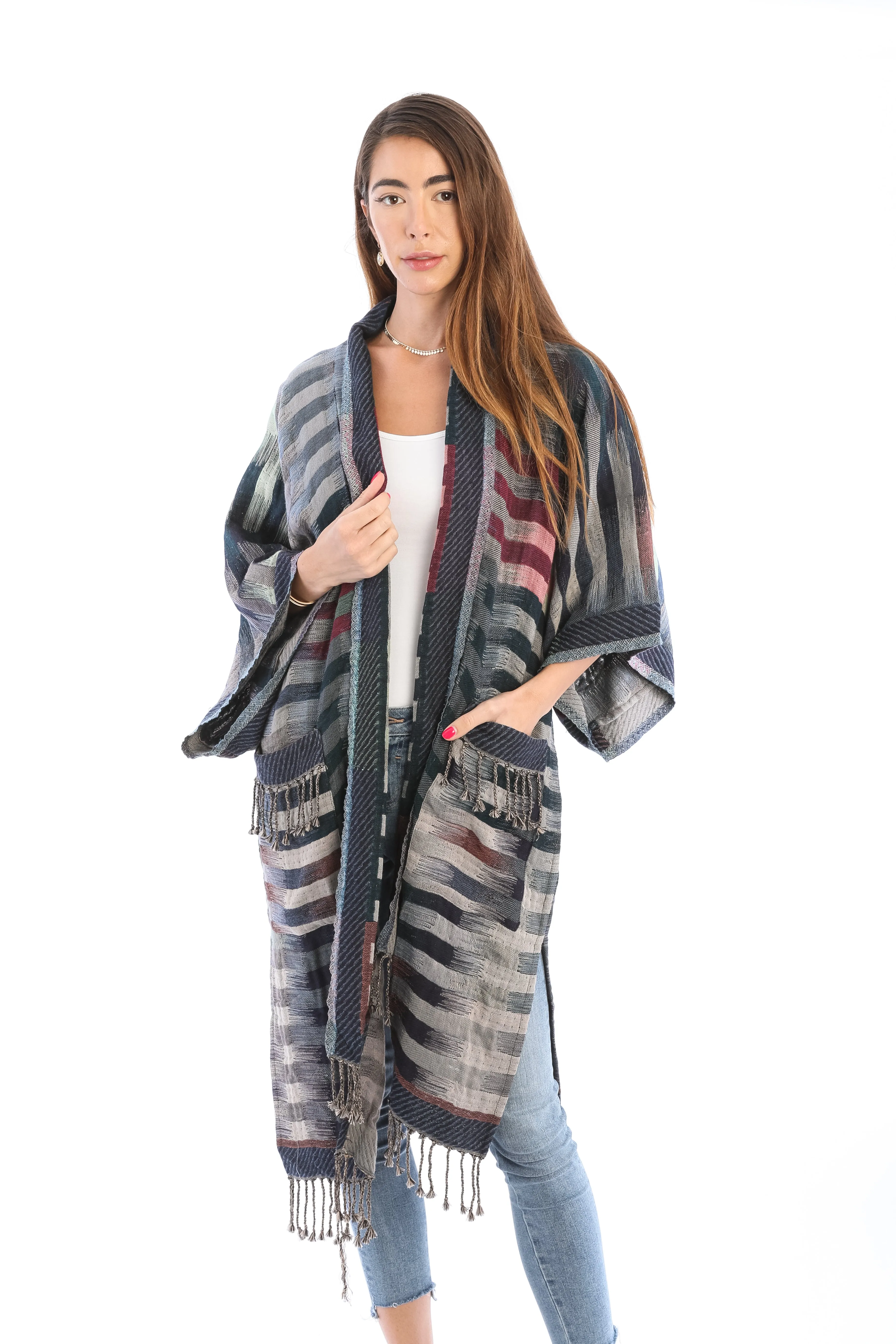 Cotton Retro Striped Fringe Long Jacket