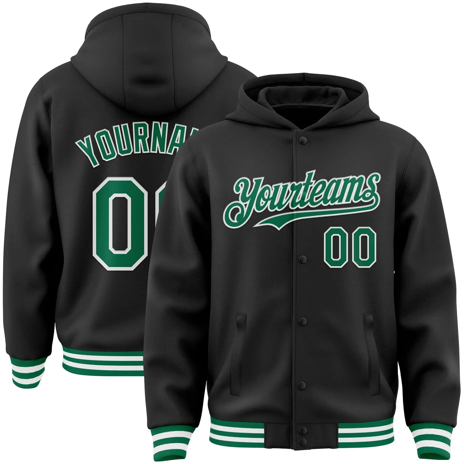 Custom Black Kelly Green-White Bomber Full-Snap Varsity Letterman Hoodie Jacket