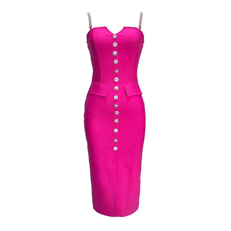 Darcy Hot Pink Tube with Silver Button Midi Dress