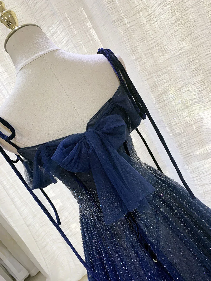 Dark Blue Tulle Sequin Long Prom Dress, Blue Tulle Formal Dress