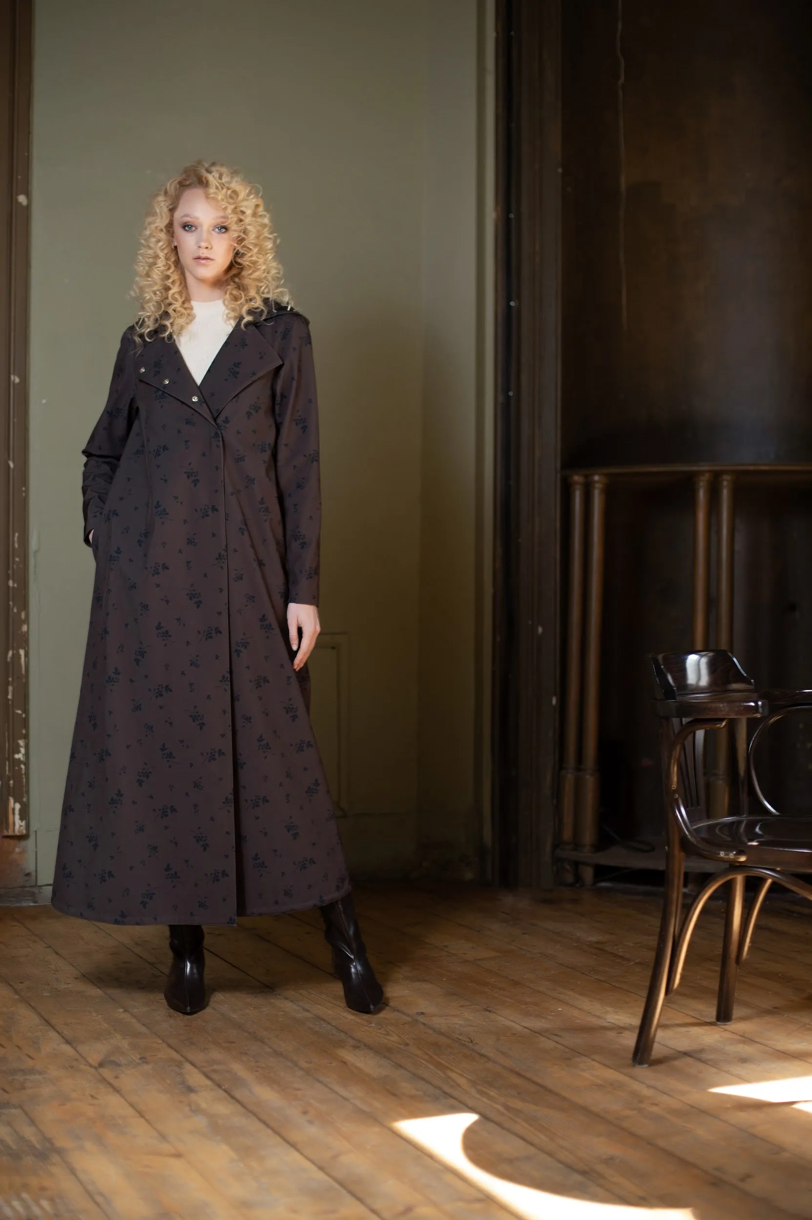 Double Breasted Trapeze Coat in Dark Brown | 'Velvet Leaves'