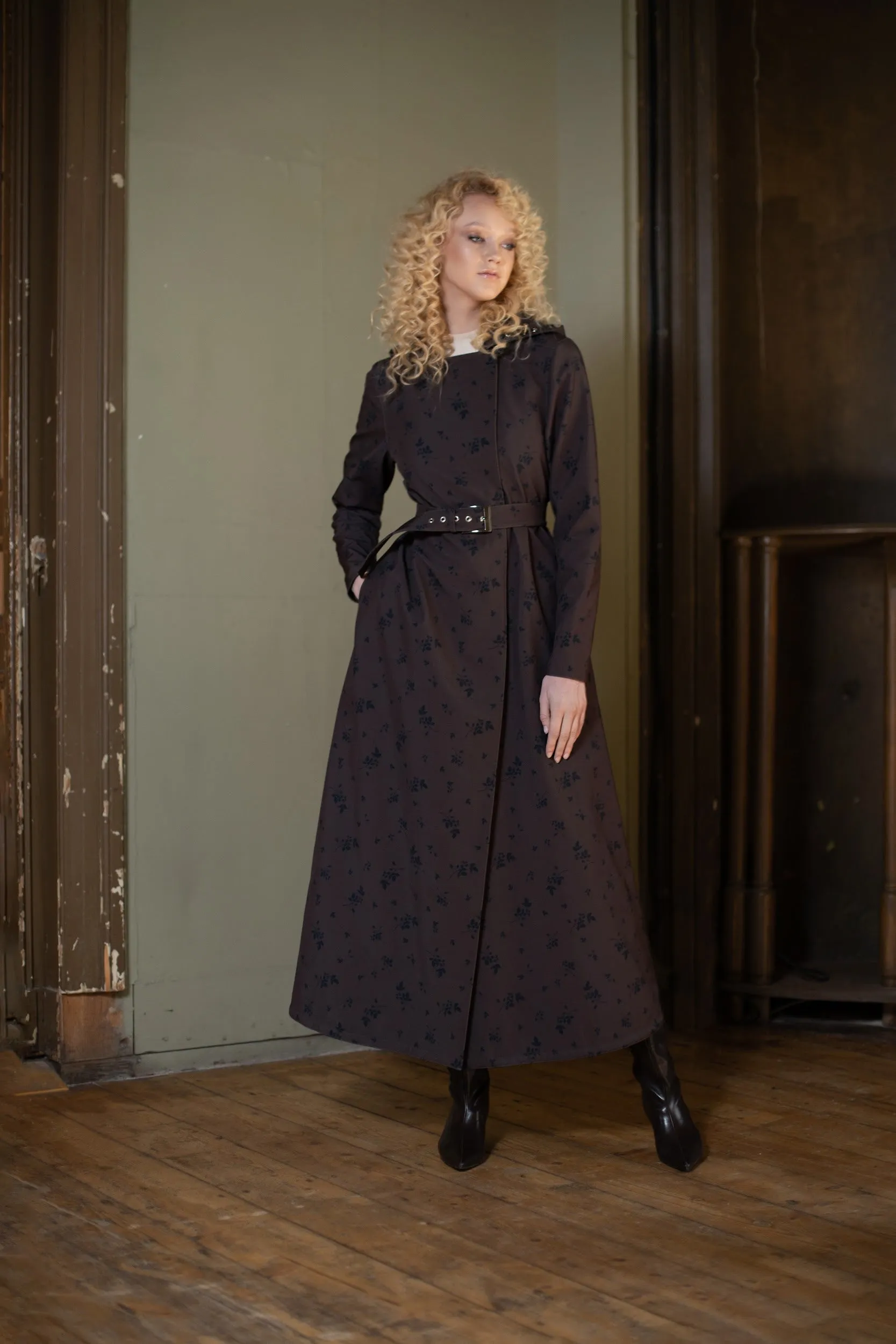 Double Breasted Trapeze Coat in Dark Brown | 'Velvet Leaves'