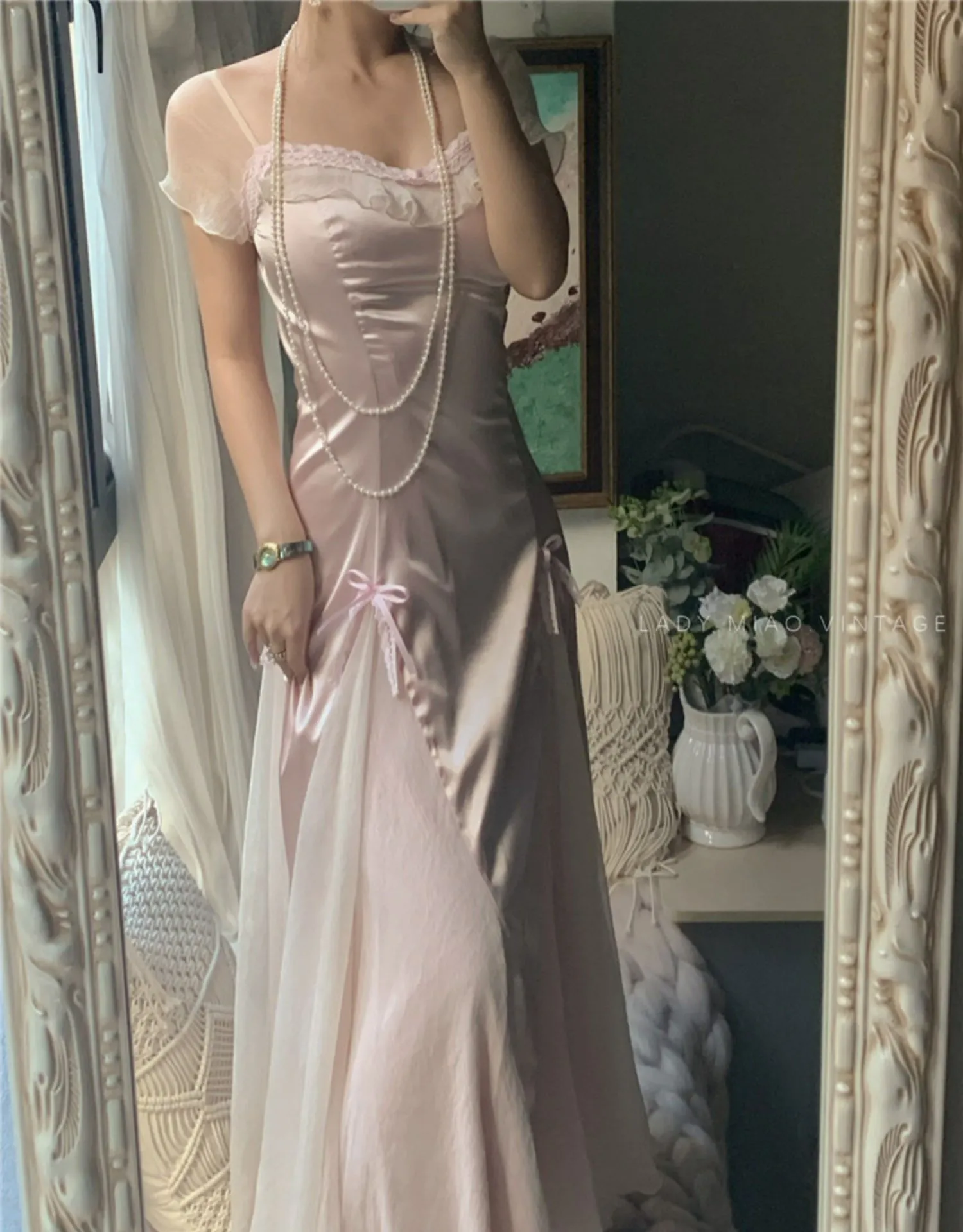 Dreamy Coquette Bow-Stitched Satin Dress