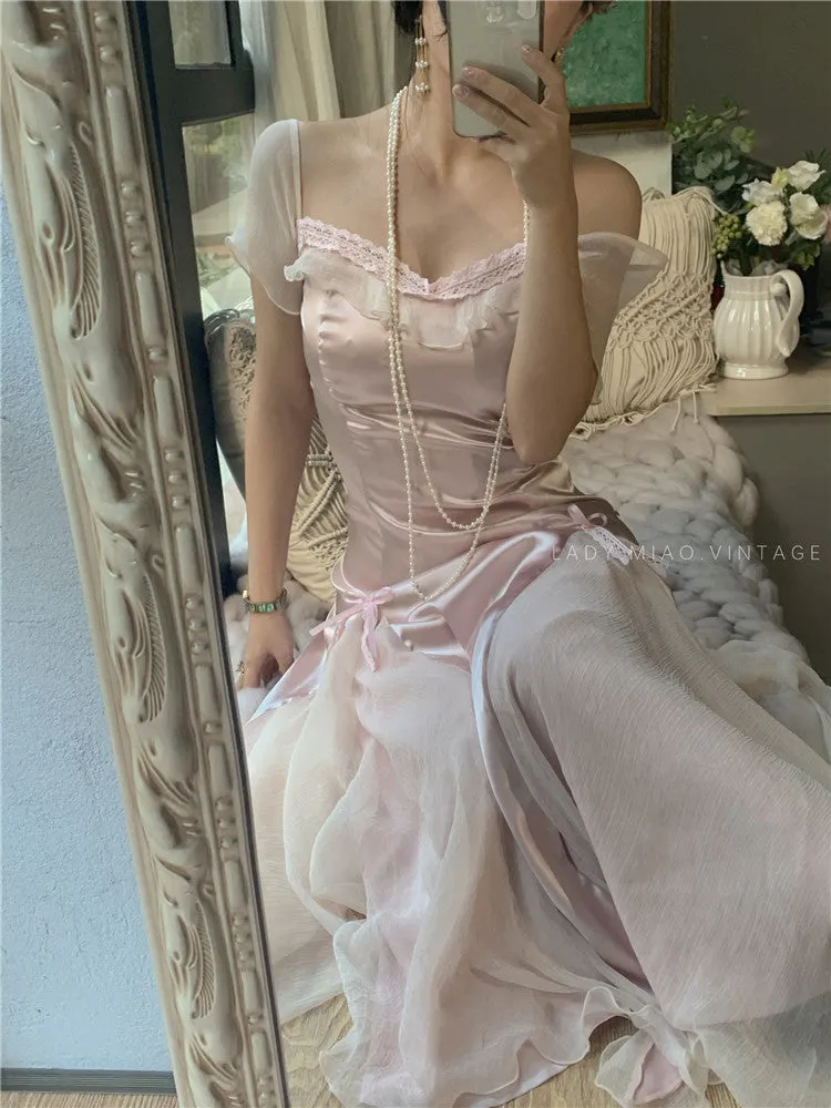 Dreamy Coquette Bow-Stitched Satin Dress