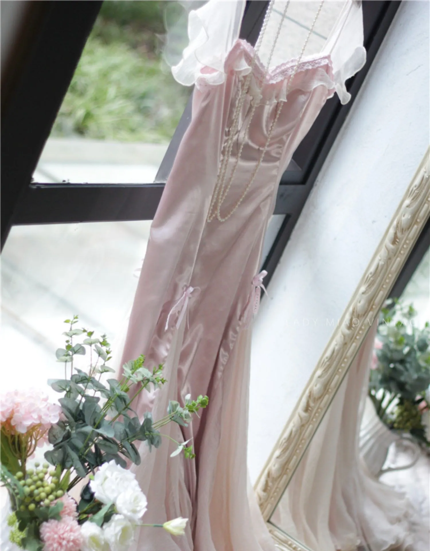 Dreamy Coquette Bow-Stitched Satin Dress