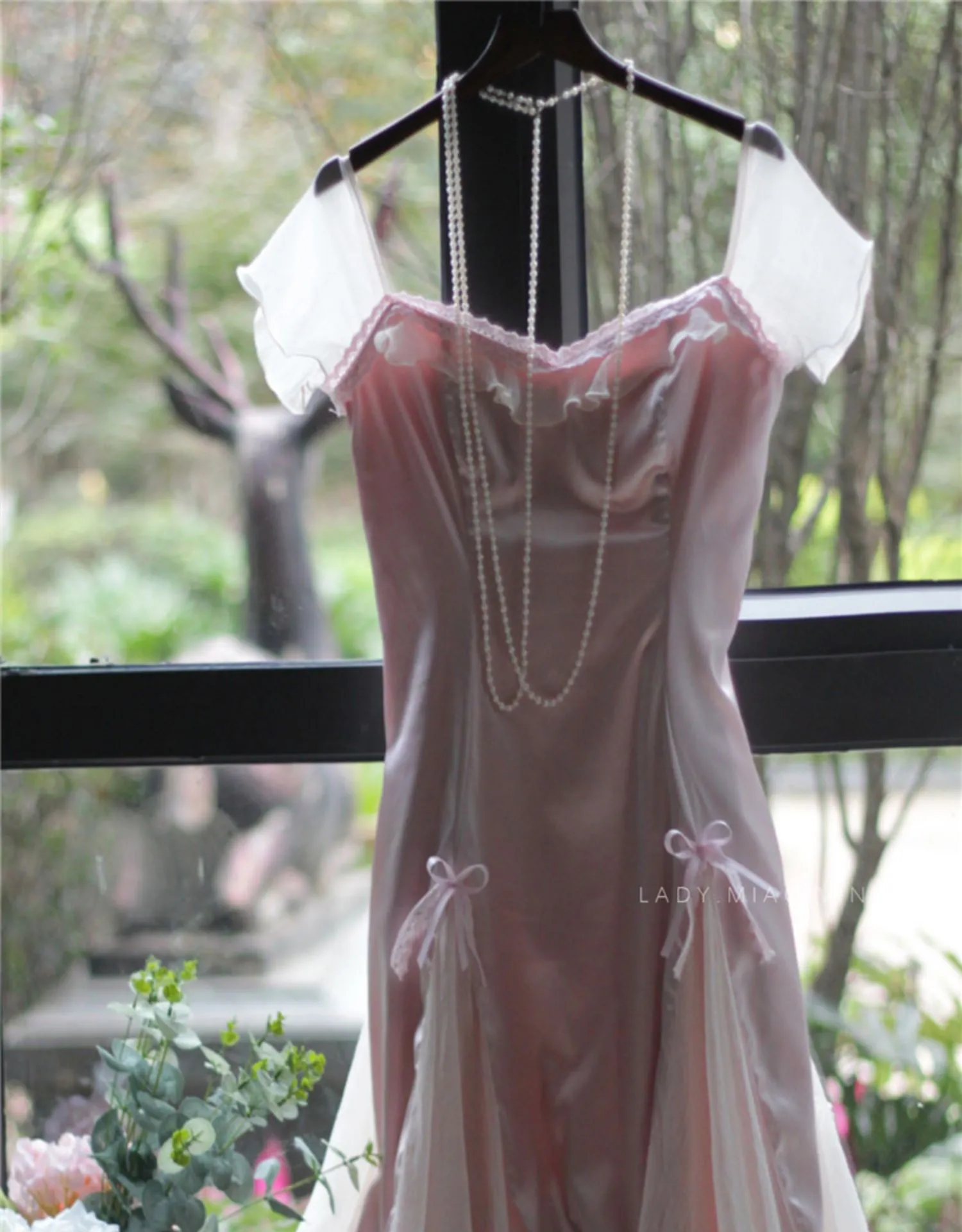 Dreamy Coquette Bow-Stitched Satin Dress