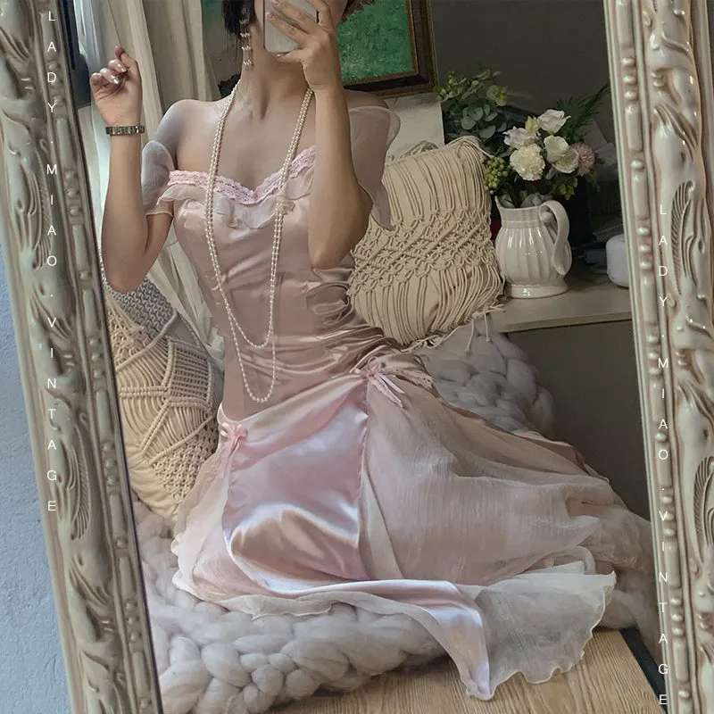 Dreamy Coquette Bow-Stitched Satin Dress