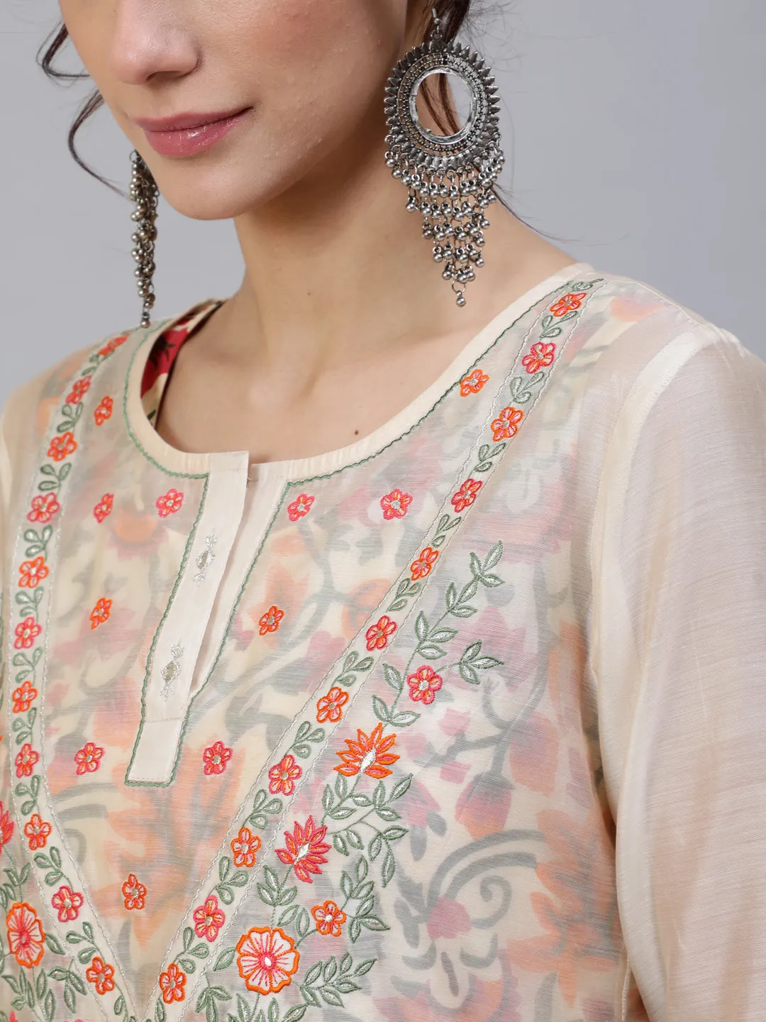 DRESS - Cream & Orange Floral Printed With Chanderi Embroidered Layered Midi Dress