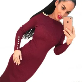 Fashion Women Sexy Bodycon Dress Autumn Winter Knitted Midi Dress Vestdos Solid Long Sleeve Package Hip Dress Vestidos GV420