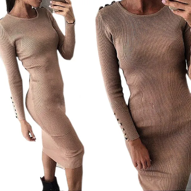 Fashion Women Sexy Bodycon Dress Autumn Winter Knitted Midi Dress Vestdos Solid Long Sleeve Package Hip Dress Vestidos GV420