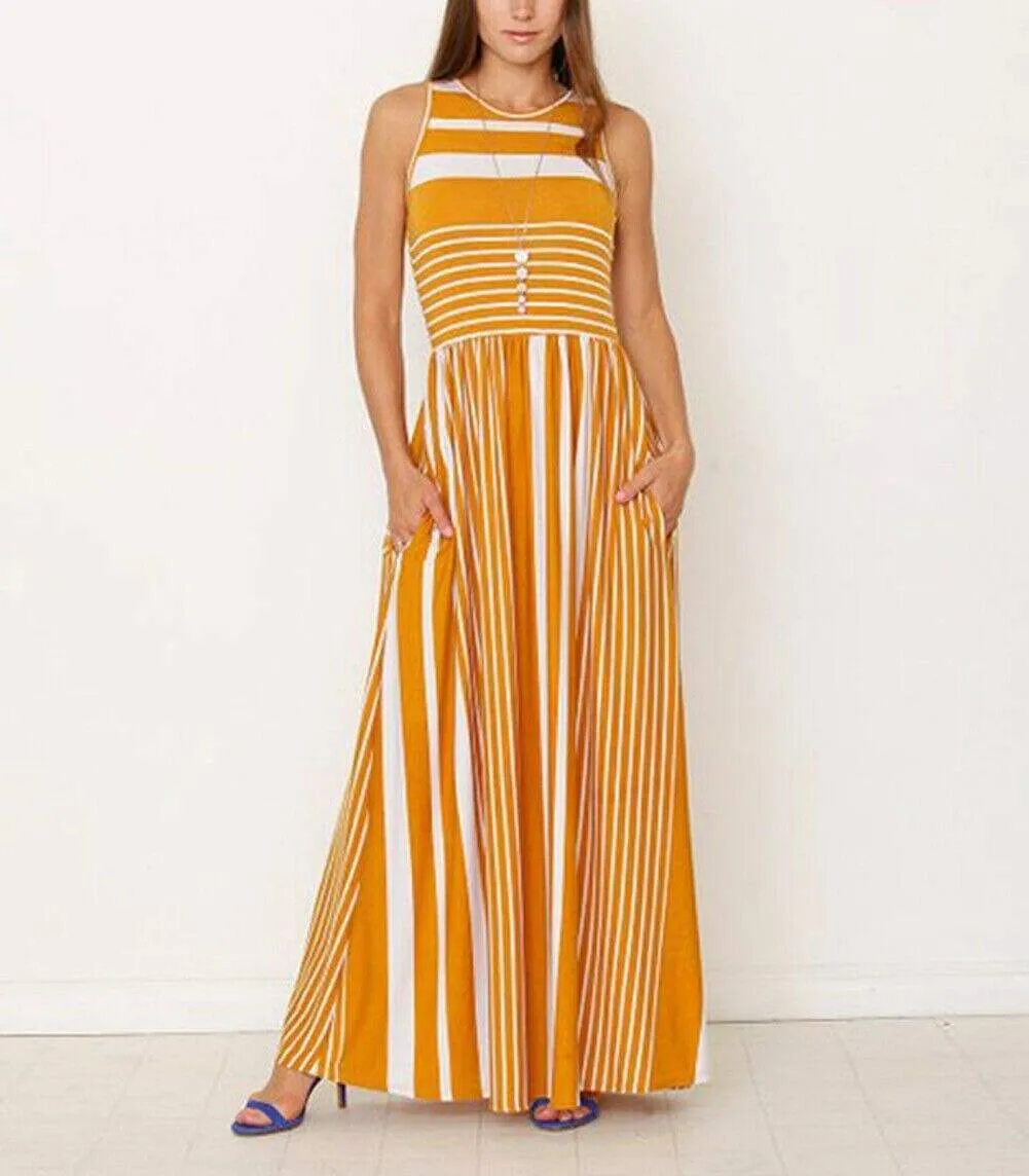 FashionSierra - Women Ladies Boho Stripe Bodycon Sleeveless Maxi Dress Pocket High Waist Summer Beach Dress Sundress New