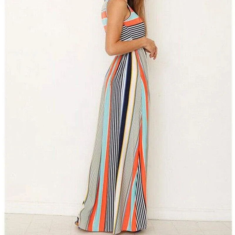 FashionSierra - Women Ladies Boho Stripe Bodycon Sleeveless Maxi Dress Pocket High Waist Summer Beach Dress Sundress New