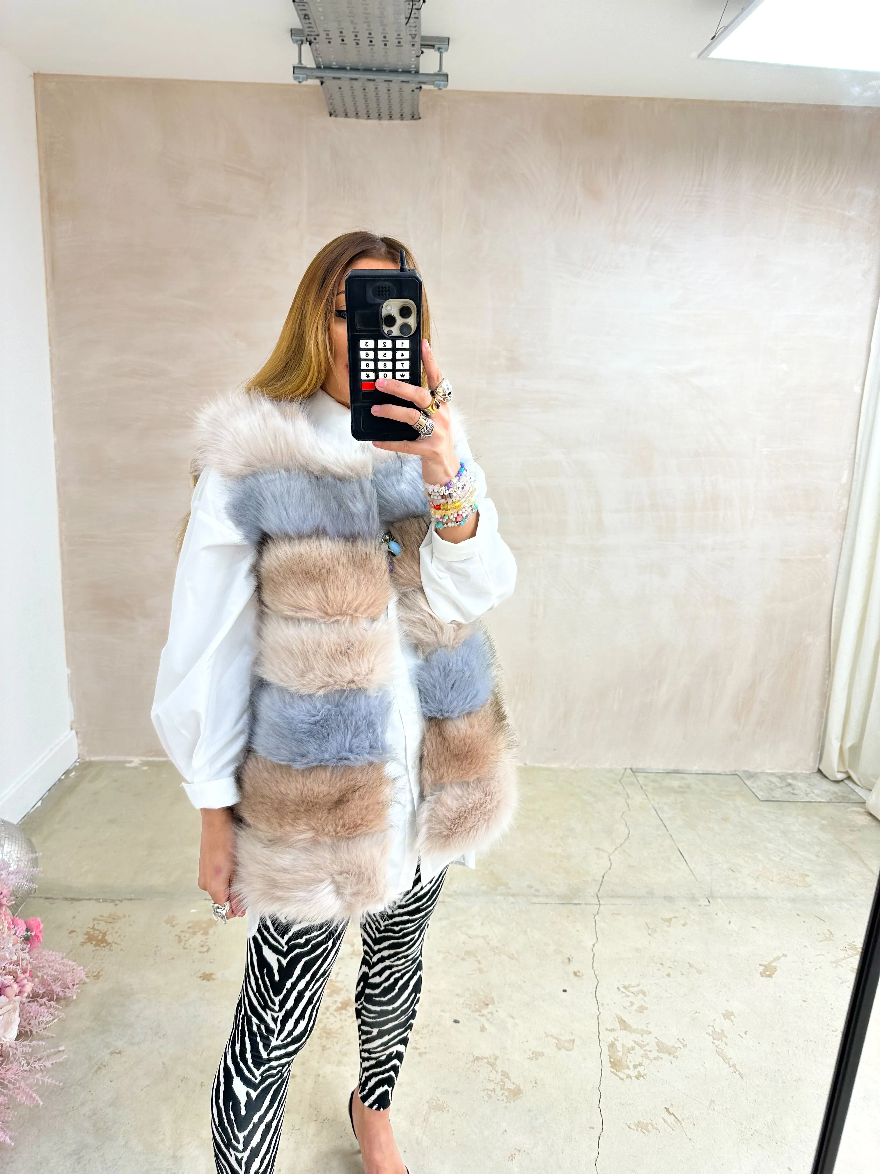 Faux Fur Stripe Gilet In Nude/Baby Blue Mix