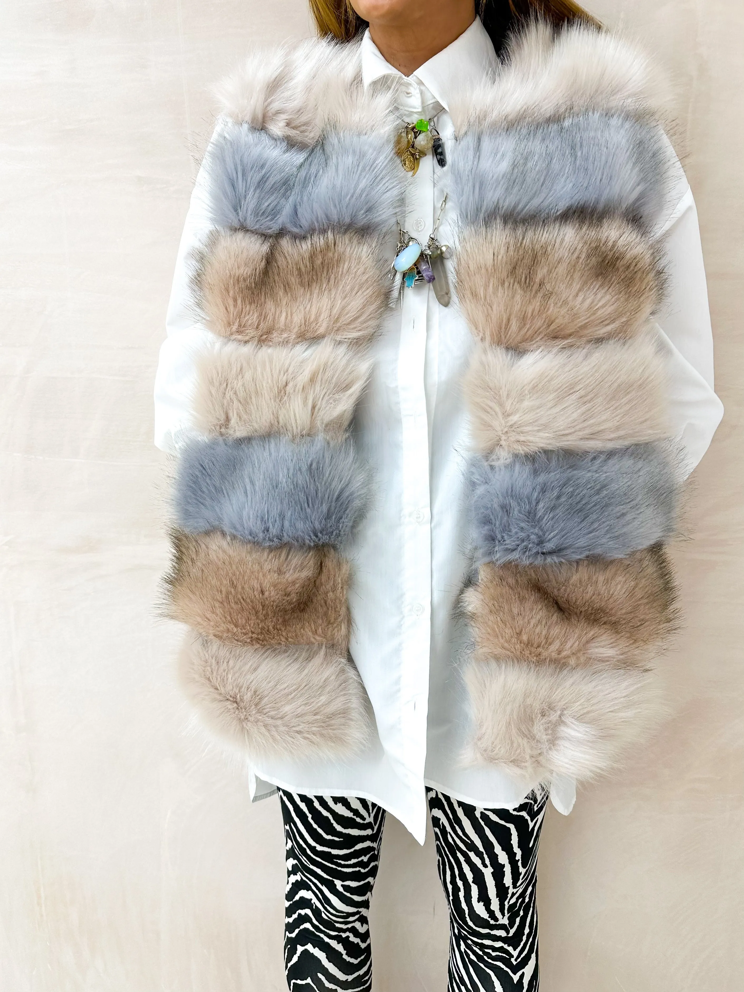 Faux Fur Stripe Gilet In Nude/Baby Blue Mix