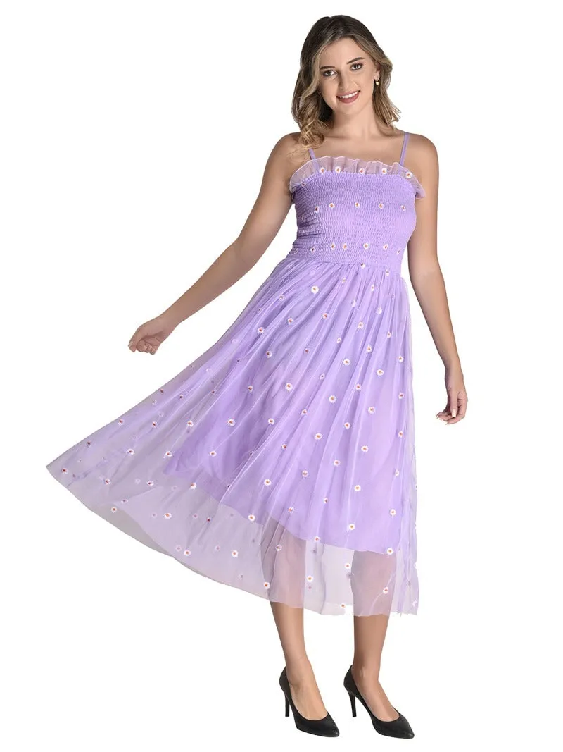 FIMS Fashion Women Embellished Net Floral Midi Fit & Flare Dress Purple