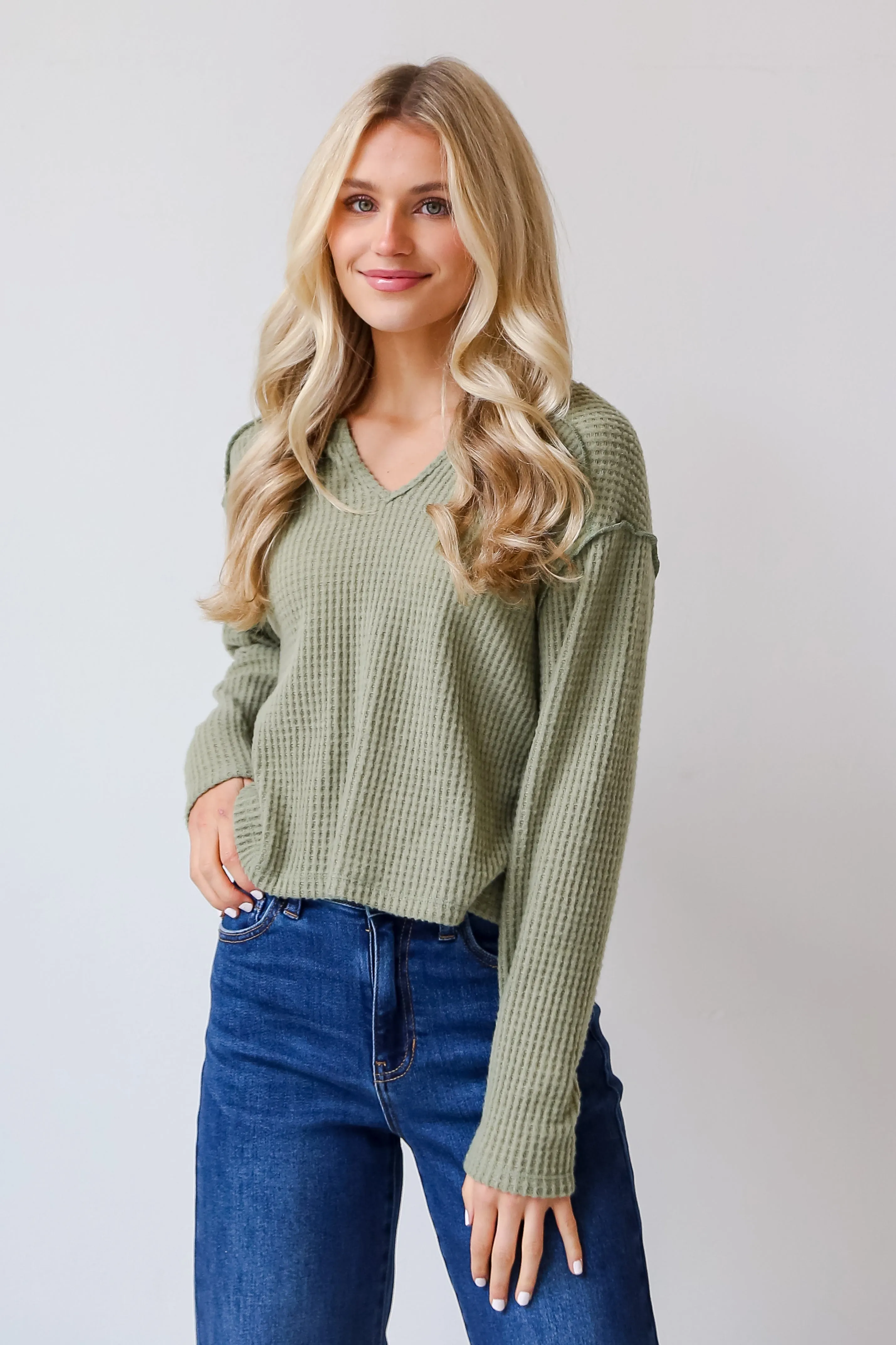 FINAL SALE - All Day Fave Sage Brushed Waffle Knit Top - DOORBUSTER