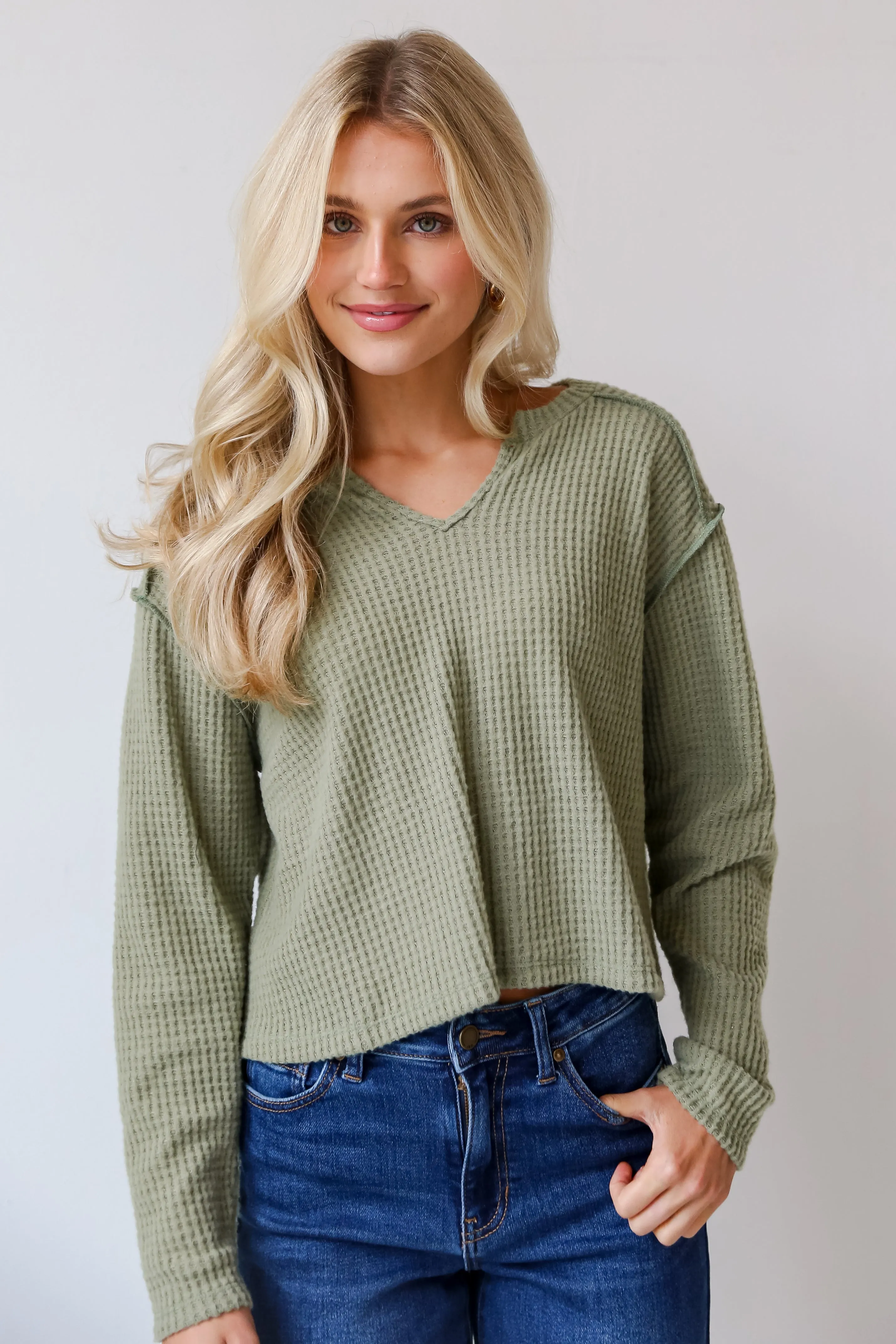 FINAL SALE - All Day Fave Sage Brushed Waffle Knit Top - DOORBUSTER