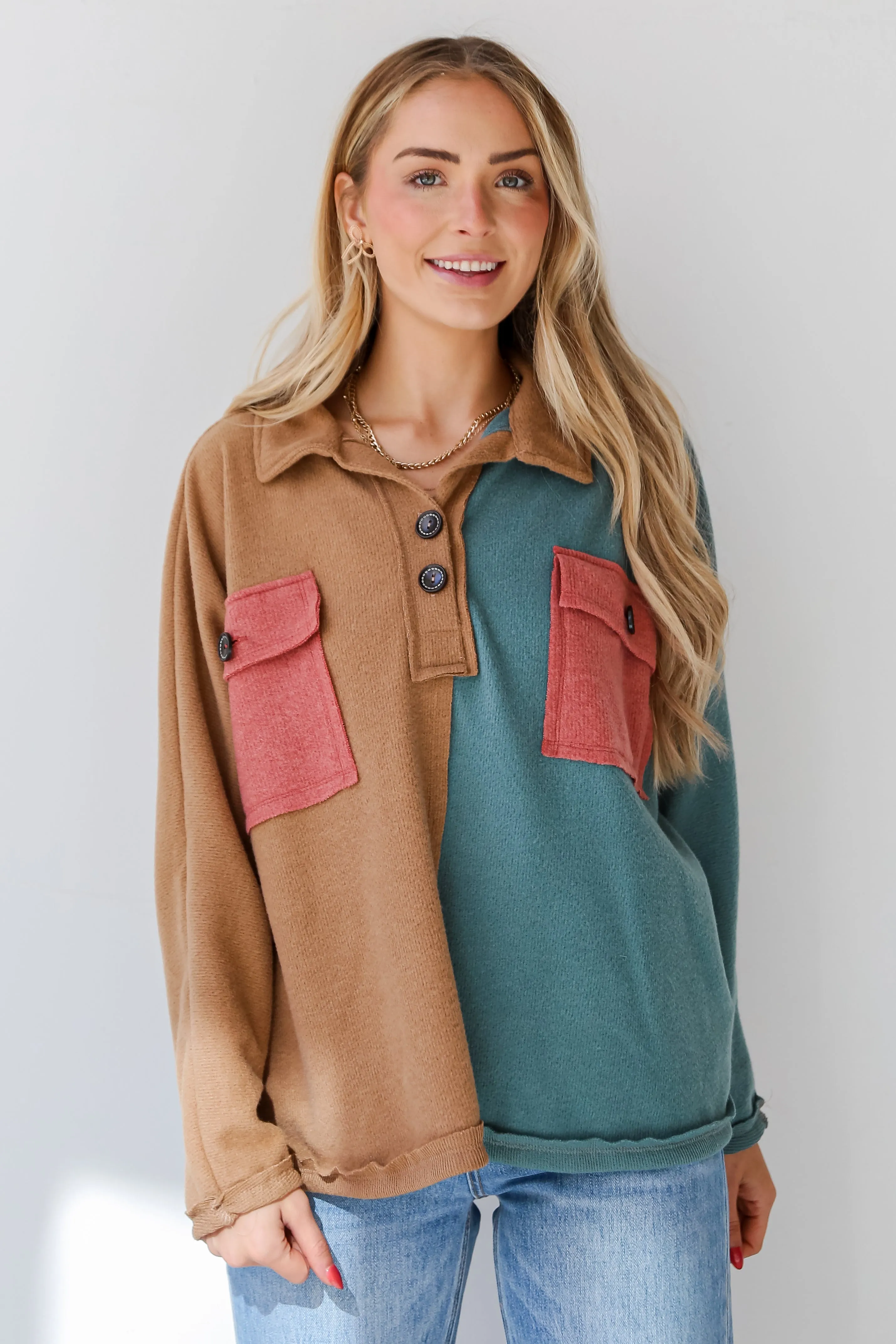 FINAL SALE - Seasonal Sight Color Block Oversized Henley Top