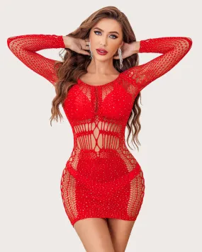 Fishnet Dress Sparkle Rhinestone Bodysuit