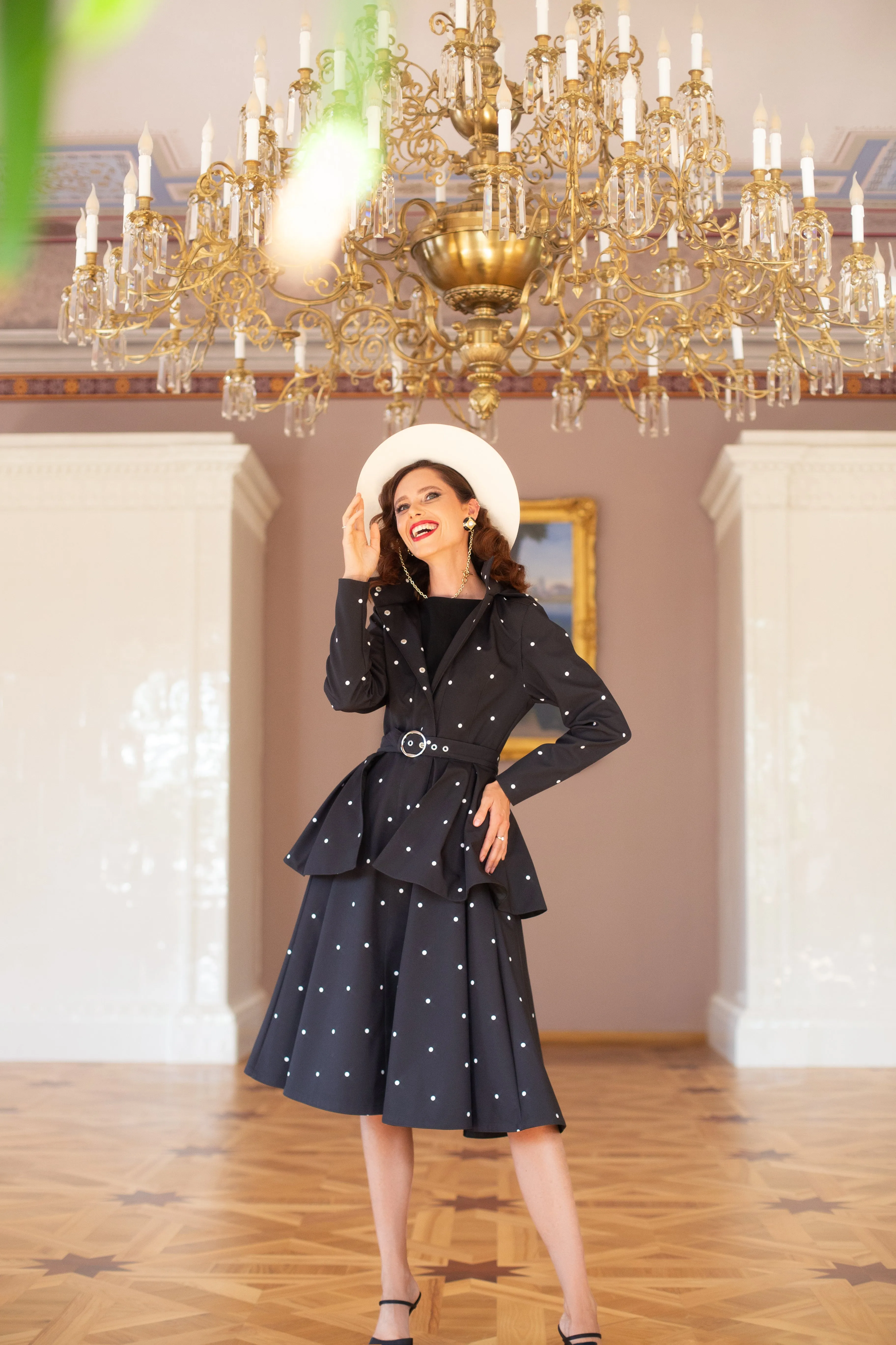 Fit and Flare Coat with A-Line Skirt in Black | 'Timeless Polka Dots'