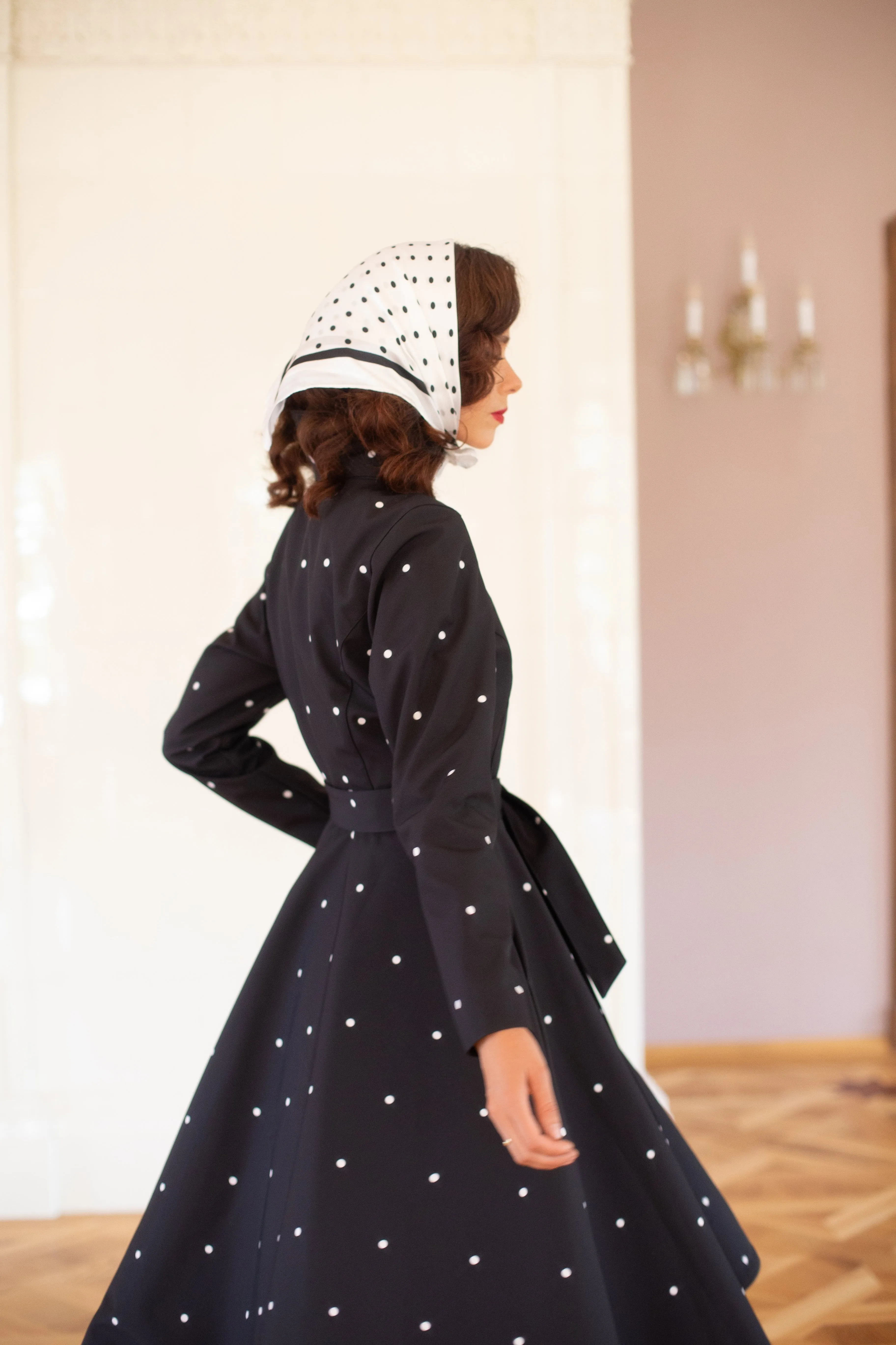 Fit and Flare Coat with A-Line Skirt in Black | 'Timeless Polka Dots'