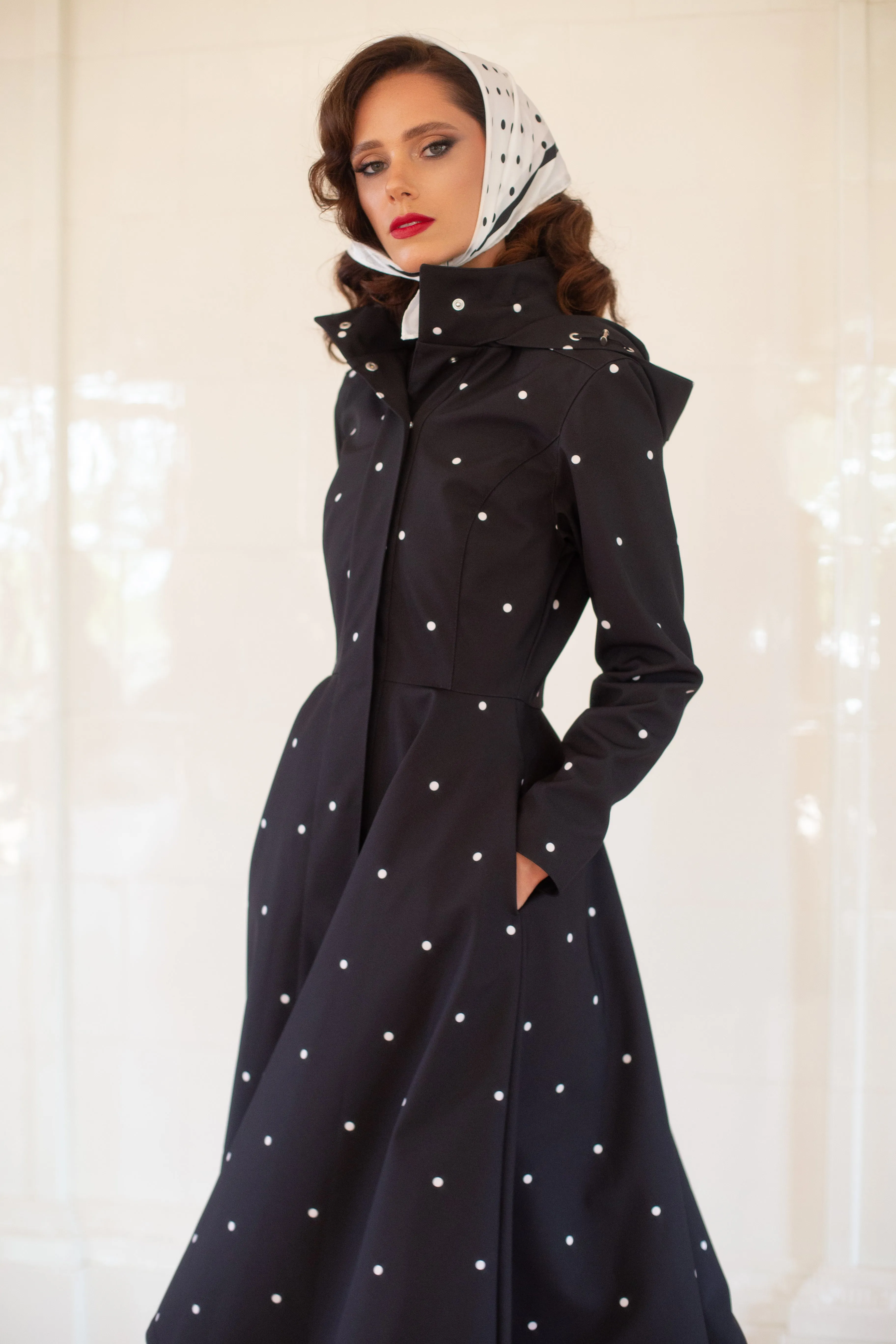 Fit and Flare Coat with A-Line Skirt in Black | 'Timeless Polka Dots'