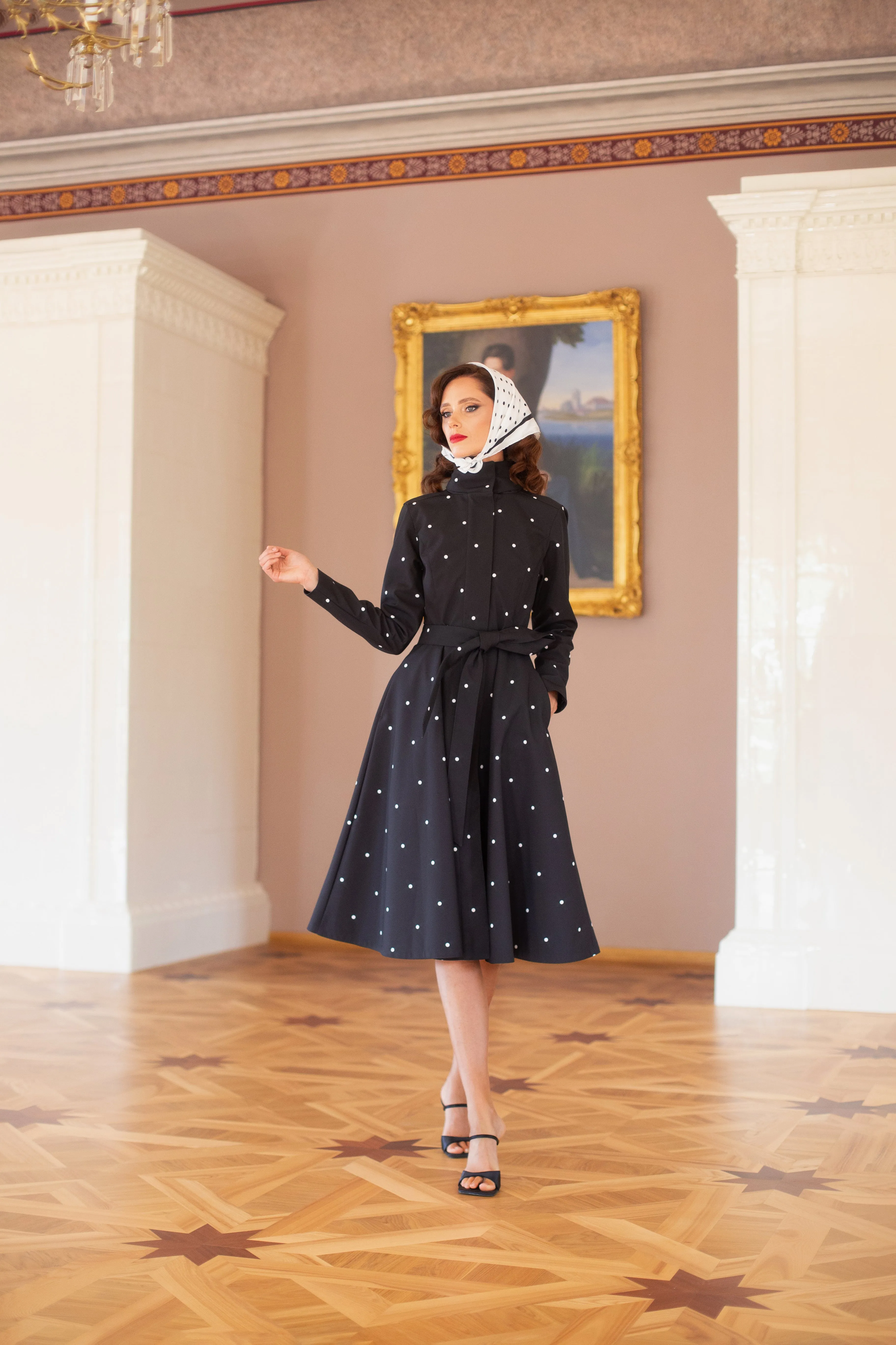 Fit and Flare Coat with A-Line Skirt in Black | 'Timeless Polka Dots'