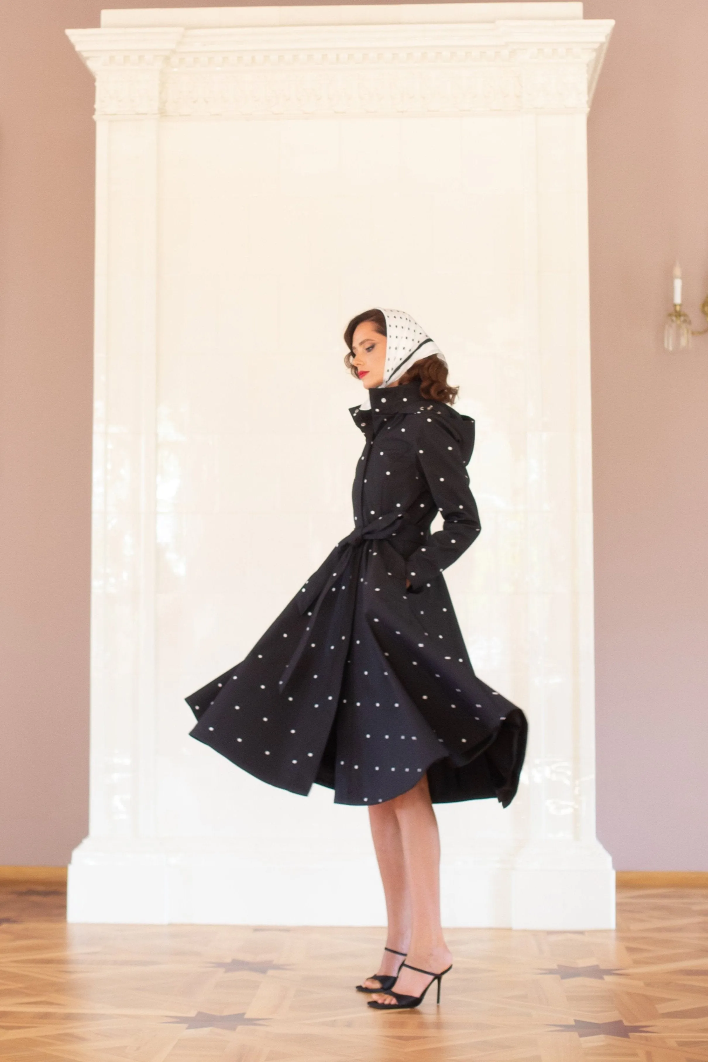 Fit and Flare Coat with A-Line Skirt in Black | 'Timeless Polka Dots'