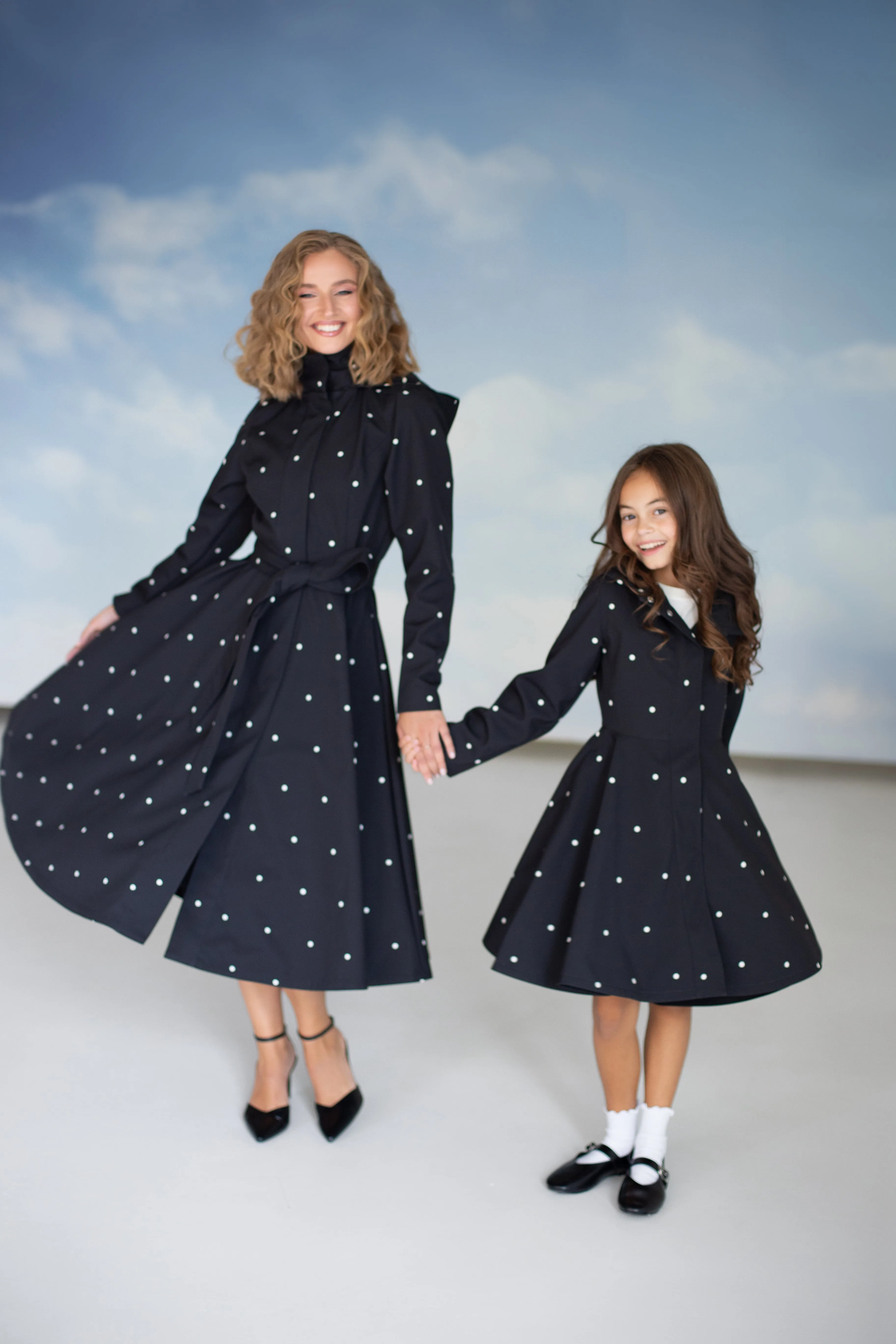 Fit and Flare Coat with A-Line Skirt in Black | 'Timeless Polka Dots'