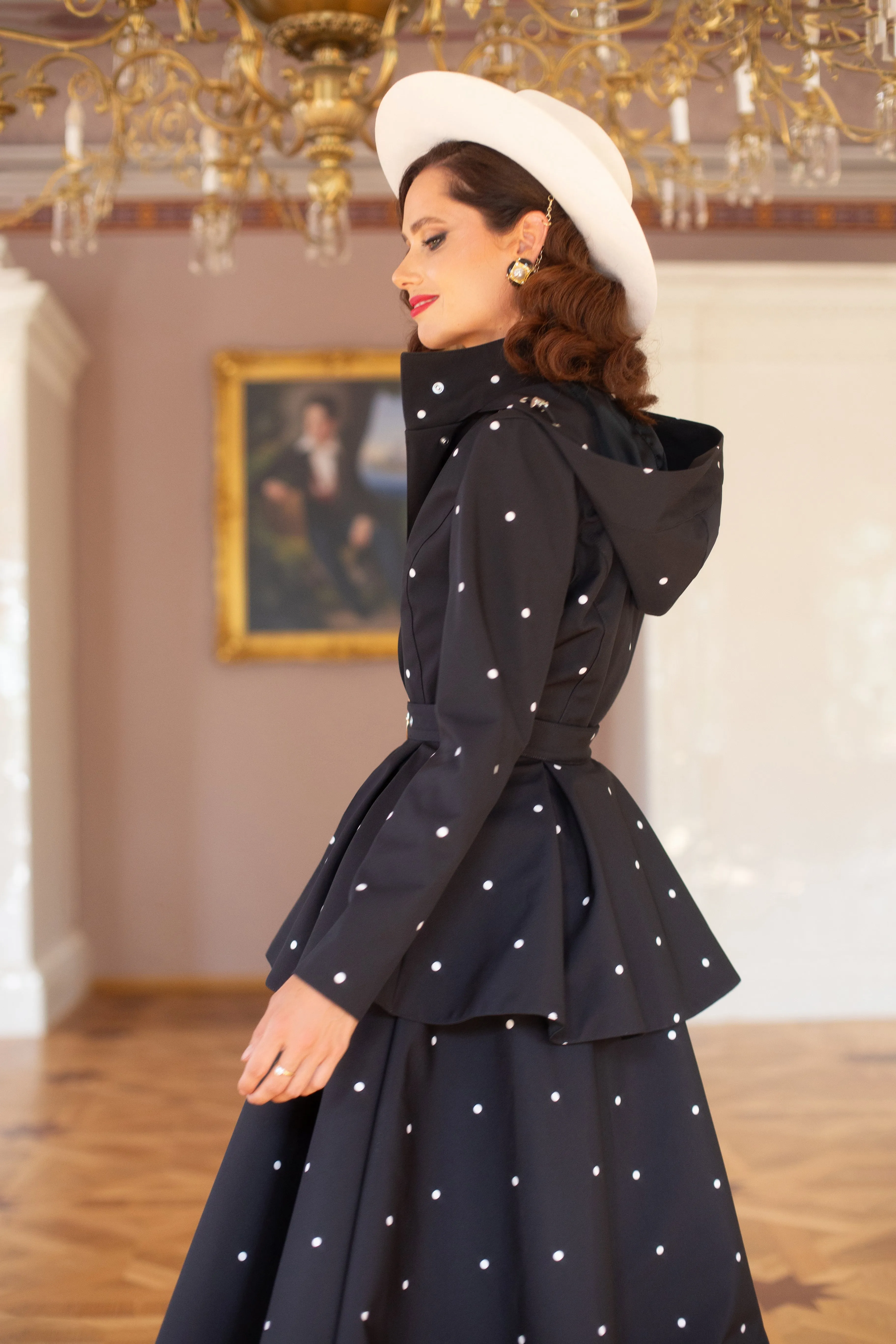 Fit and Flare Coat with A-Line Skirt in Black | 'Timeless Polka Dots'