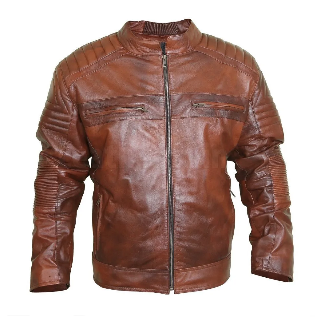 Flamboyant Clay Leather Jacket with Mandarin Collar